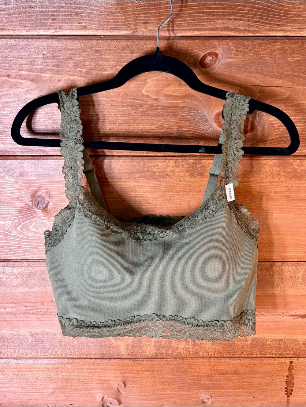 PINK Victoria's Secret Olive Green Lace-Trim Ribbed Underwire Bralette Size L 🖤